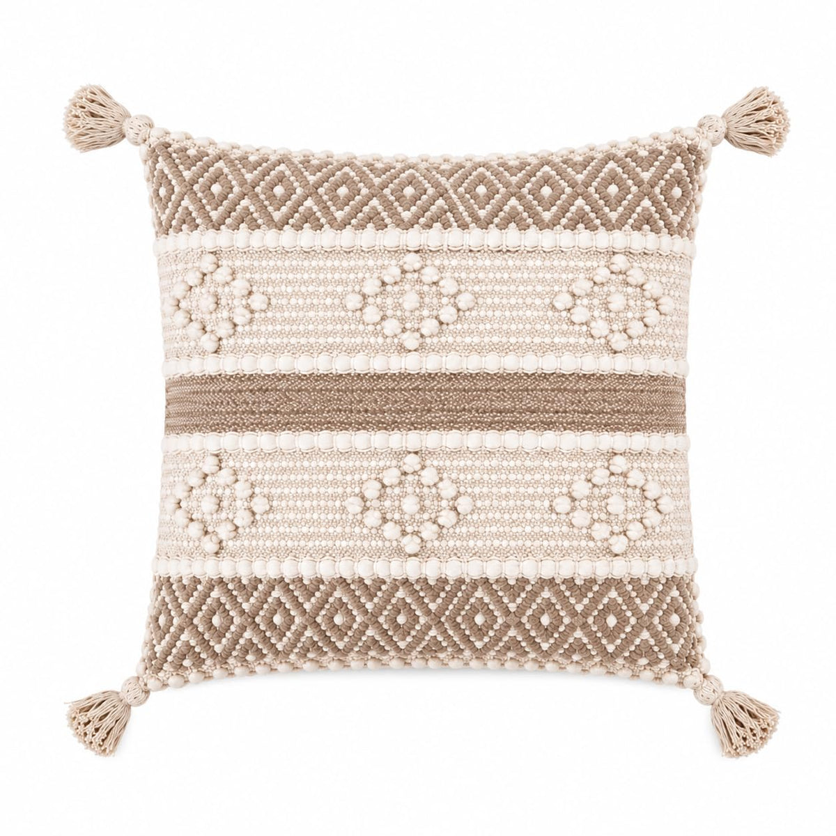 BohoHome 100% Cotton Handwoven Cushion Cover | Decorative Throw Pillow Cover | Boho Sofa Cushion Cover for Living Room & Bedroom | Hidden Zipper | 16x16 Inch | Beige Knots