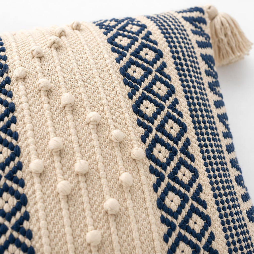 BohoHome 100% Cotton Handwoven Cushion Cover | Decorative Throw Pillow Cover | Boho Sofa Cushion Cover for Living Room & Bedroom | Hidden Zipper | 16x16 Inch | Blue (1 piece)