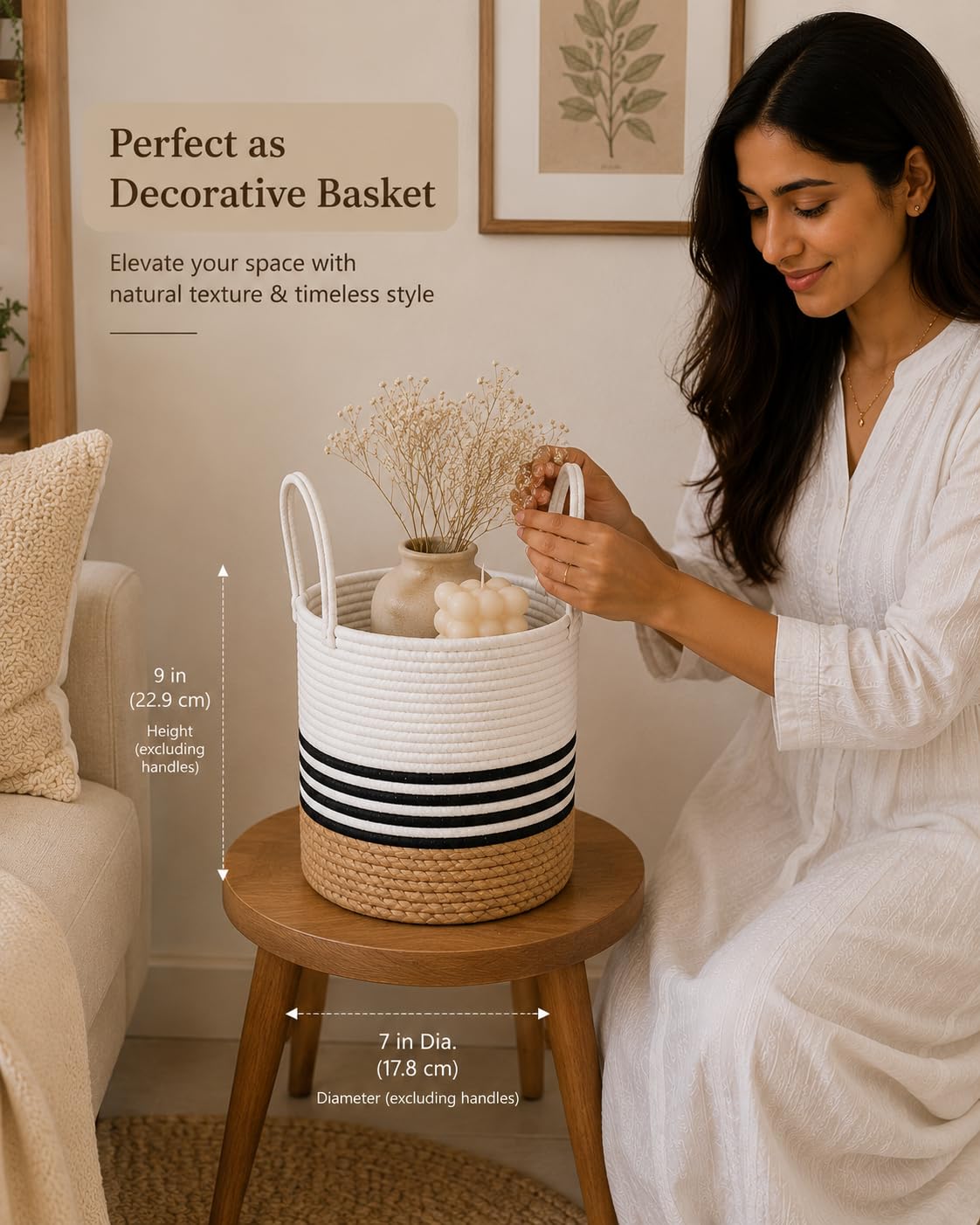BOHOHOME Round Cotton Rope Storage Basket with Handles | Jute Base Decorative Organizer Basket for Gift Hampers, Nursery, Laundry, Shelf & Toys | 7 x 9 Inch
