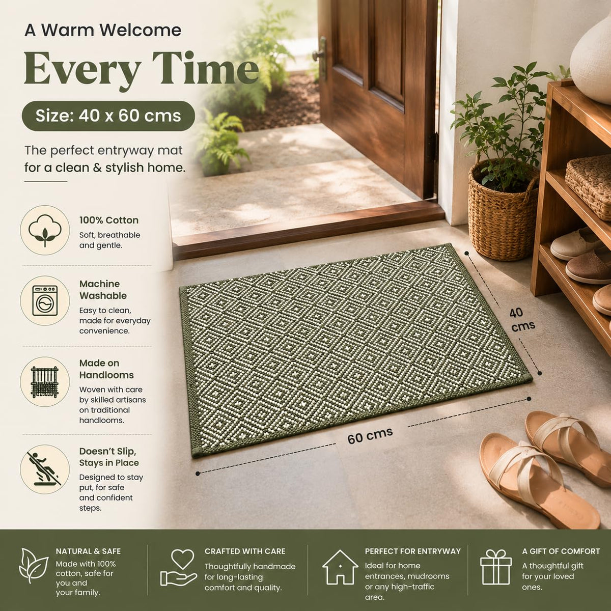 Boho Home Cotton Woven Rectangular Multipurpose Rug | Durable & Washable Multipurpose Rugs Set for Home/Kitchen/Living Area/Lobby, Pack of 2 (Green, 40X60 CM)