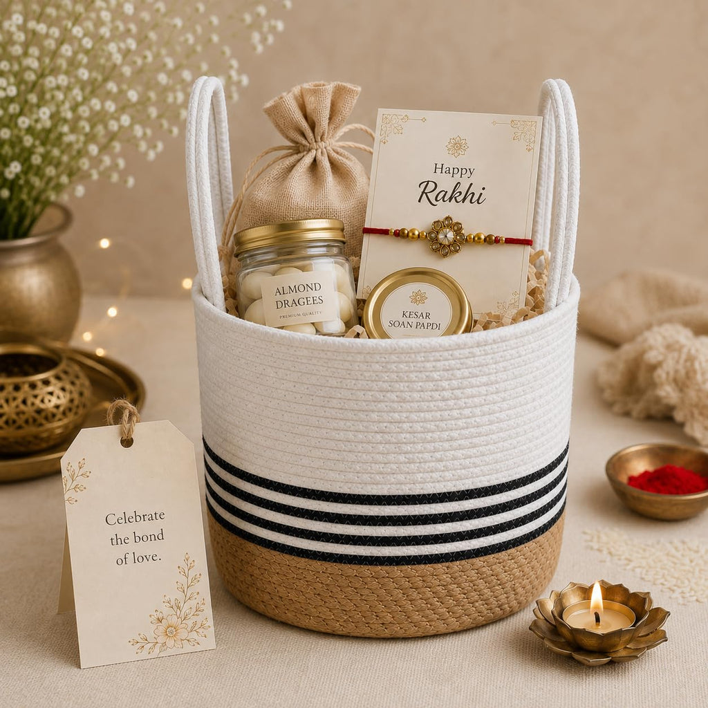 BOHOHOME Round Cotton Rope Storage Basket with Handles | Jute Base Decorative Organizer Basket for Gift Hampers, Nursery, Laundry, Shelf & Toys | 7 x 9 Inch