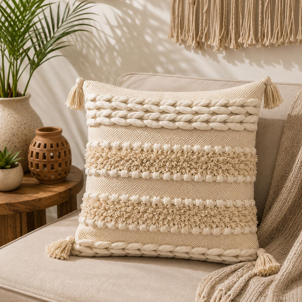 BohoHome 100% Cotton Handwoven Cushion Cover | Decorative Throw Pillow Cover | Boho Sofa Cushion Cover for Living Room & Bedroom | Hidden Zipper | 16x16 Inch | Ivory Knots