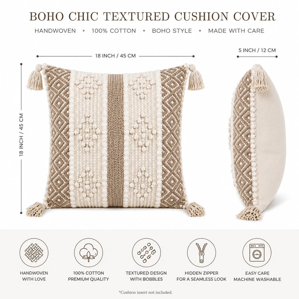 BohoHome 100% Cotton Handwoven Cushion Cover | Decorative Throw Pillow Cover | Boho Sofa Cushion Cover for Living Room & Bedroom | Hidden Zipper | 16x16 Inch | Beige Knots