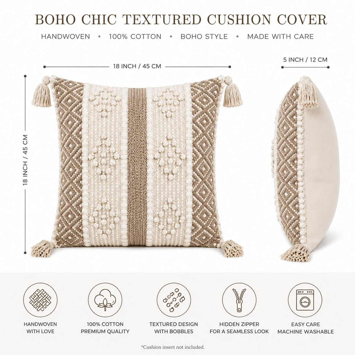 BohoHome 100% Cotton Handwoven Cushion Cover | Decorative Throw Pillow Cover | Boho Sofa Cushion Cover for Living Room & Bedroom | Hidden Zipper | 16x16 Inch | Beige Knots
