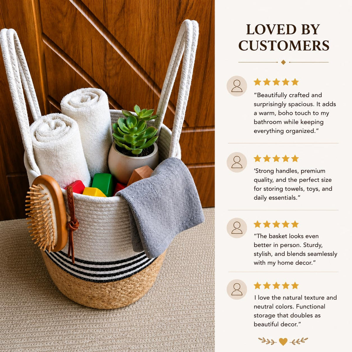 BOHOHOME Round Cotton Rope Storage Basket with Handles | Jute Base Decorative Organizer Basket for Gift Hampers, Nursery, Laundry, Shelf & Toys | 7 x 9 Inch