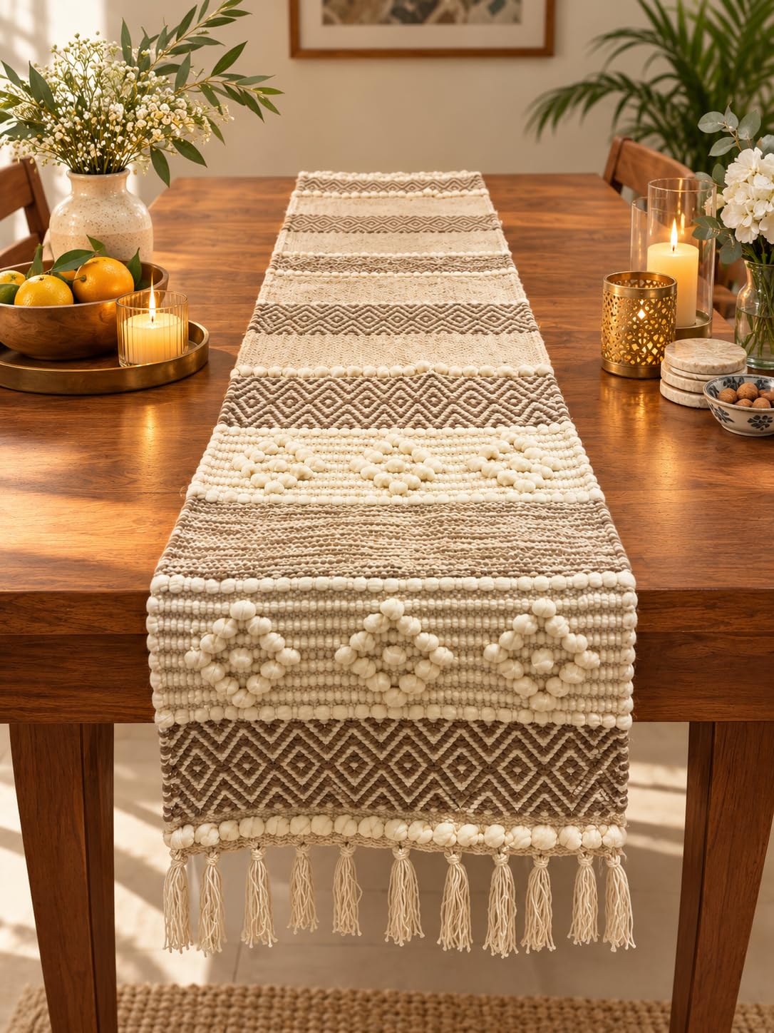 Bohohome Premium Handwoven Cotton Table Runner for 4 to 6 Seater | 14*72 inch Textured Beige Knots (Beige)