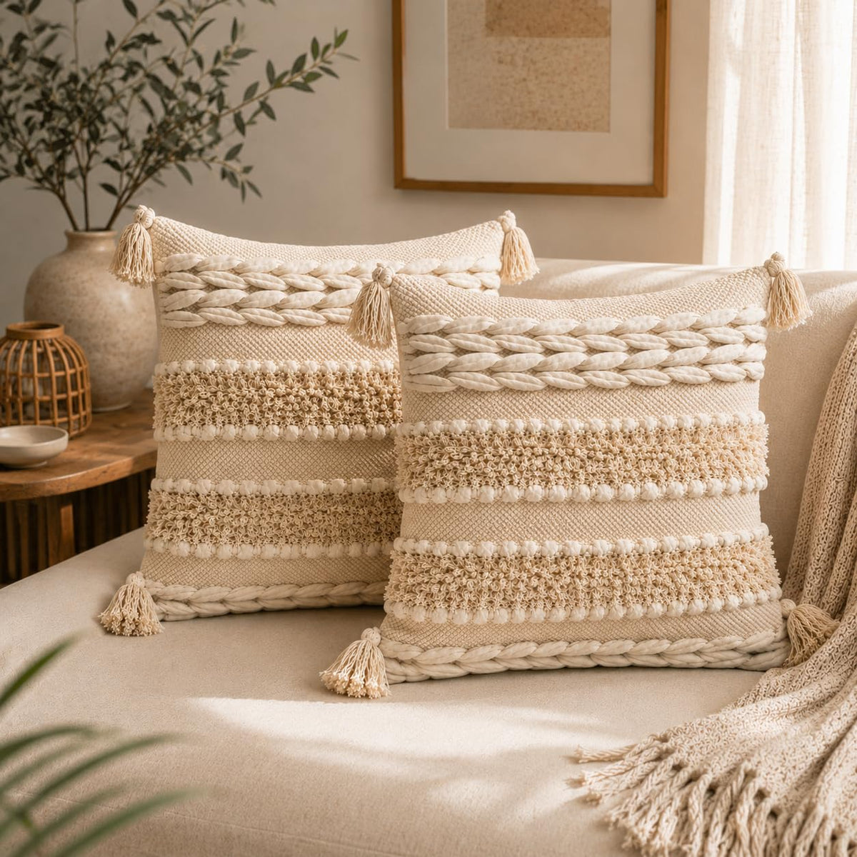 BohoHome 100% Cotton Handwoven Cushion Cover | Decorative Throw Pillow Cover | Boho Sofa Cushion Cover for Living Room & Bedroom | Hidden Zipper | 16x16 Inch | Ivory Knots