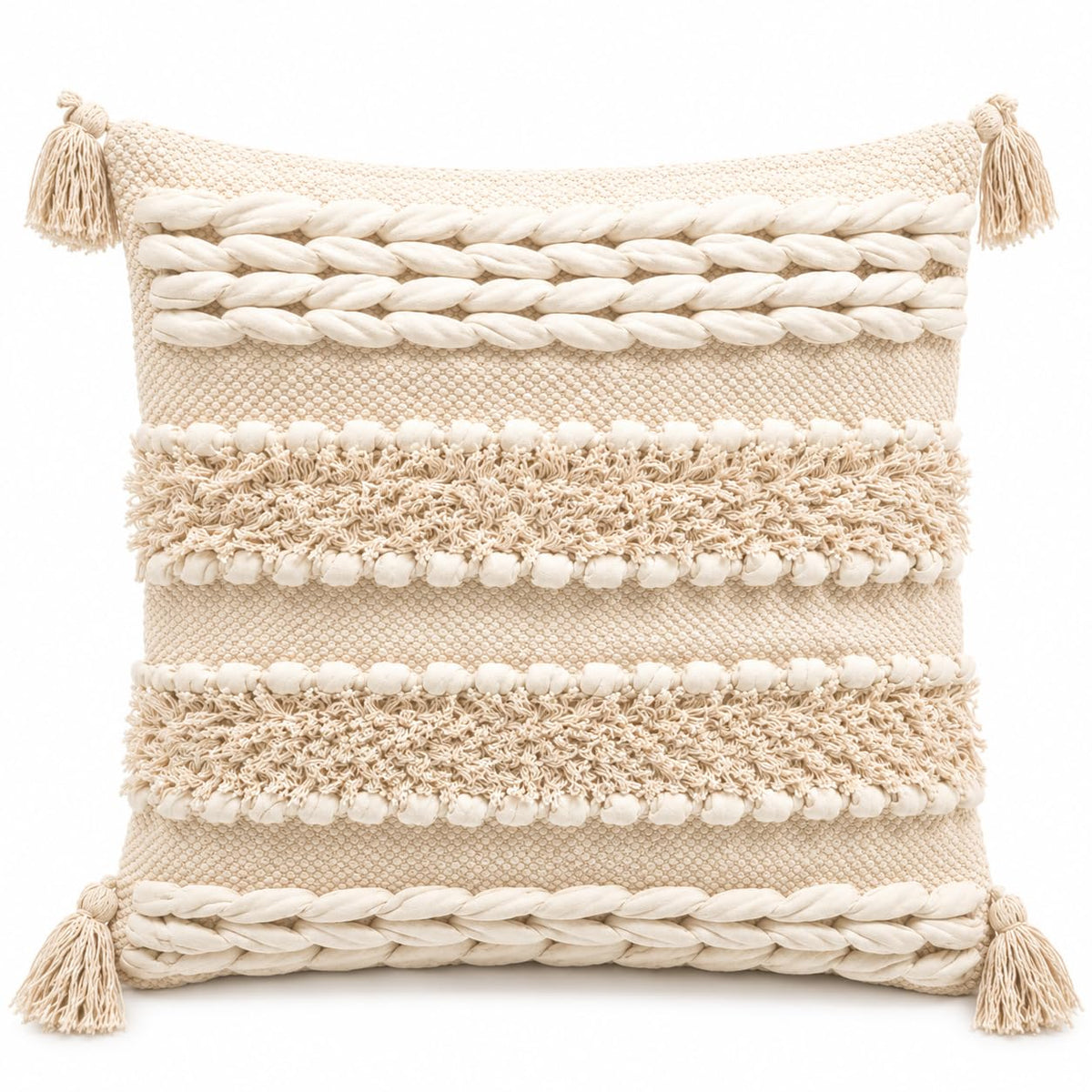 BohoHome 100% Cotton Handwoven Cushion Cover | Decorative Throw Pillow Cover | Boho Sofa Cushion Cover for Living Room & Bedroom | Hidden Zipper | 16x16 Inch | Ivory Knots