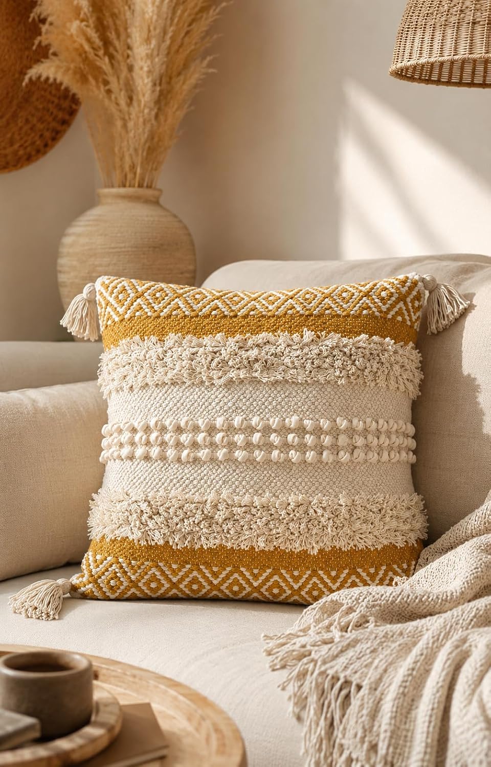 BohoHome 100% Cotton Handwoven Cushion Cover | Decorative Throw Pillow Cover | Boho Sofa Cushion Cover for Living Room & Bedroom | Hidden Zipper | 16x16 Inch | Mustard Textured