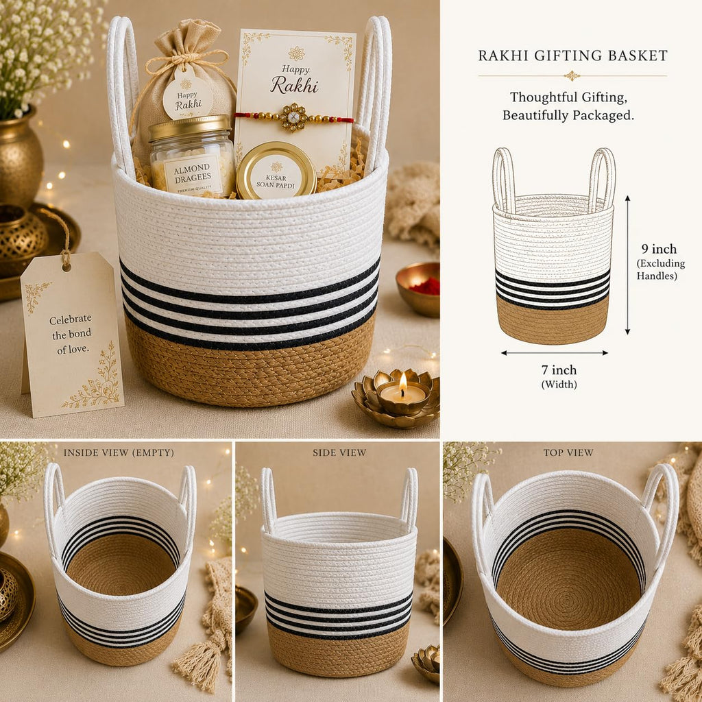 BOHOHOME Round Cotton Rope Storage Basket with Handles | Jute Base Decorative Organizer Basket for Gift Hampers, Nursery, Laundry, Shelf & Toys | 7 x 9 Inch