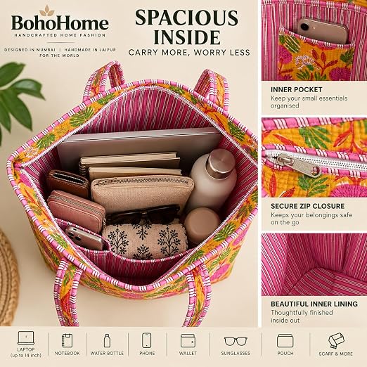 BohoHome Premium Quilted Cotton Tote Bag – Large Capacity Handmade Exotic Tropical Prints Foldable and Ideal for Travel Shopping Beach Trips or Daily Essentials