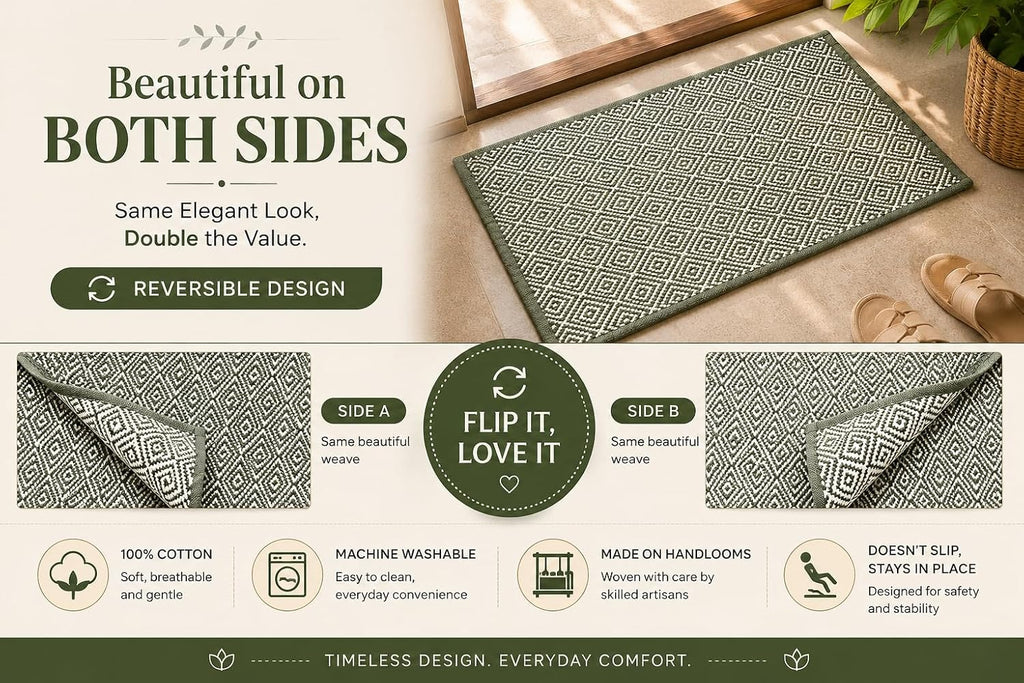 Boho Home Cotton Woven Rectangular Multipurpose Rug | Durable & Washable Multipurpose Rugs Set for Home/Kitchen/Living Area/Lobby, Pack of 2 (Green, 40X60 CM)