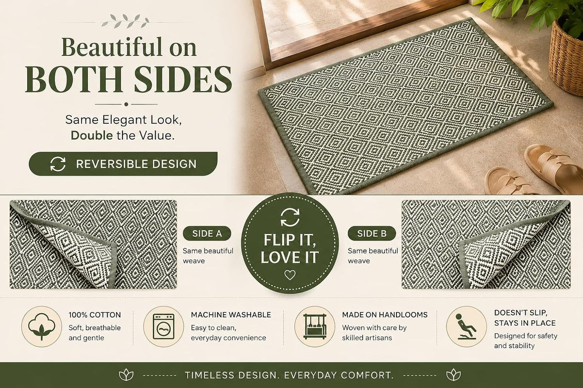 Boho Home Cotton Woven Rectangular Multipurpose Rug | Durable & Washable Multipurpose Rugs Set for Home/Kitchen/Living Area/Lobby, Pack of 2 (Green, 40X60 CM)