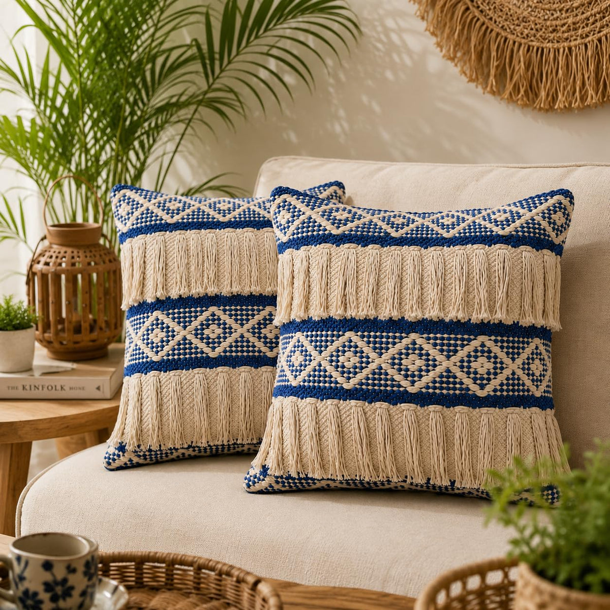 BohoHome 100% Cotton Handwoven Cushion Cover | Decorative Throw Pillow Cover | Boho Sofa Cushion Cover for Living Room & Bedroom | Hidden Zipper | 16x16 Inch | Blue Fringe