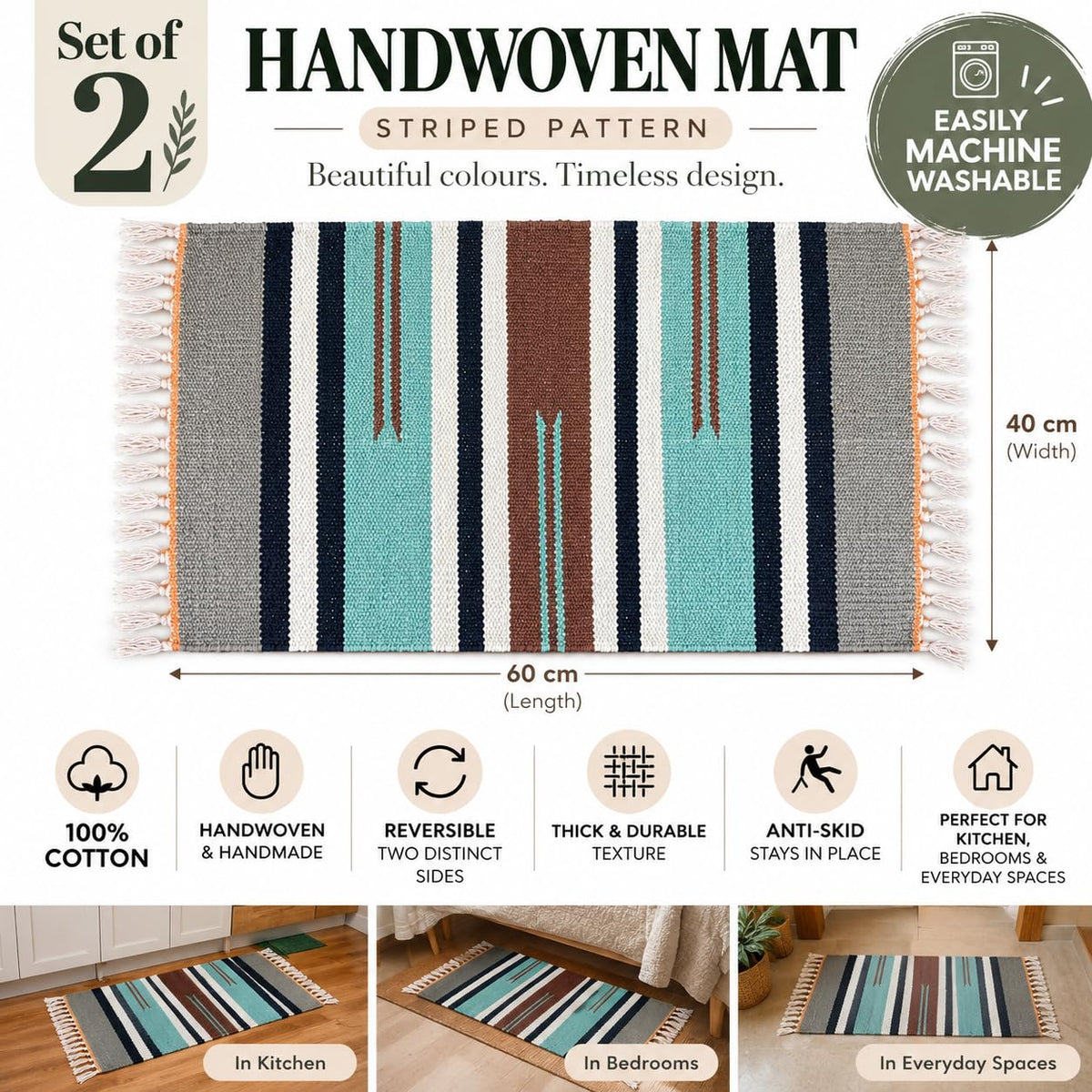 Bohohome - Anti Slip Rectangular Door Mat, Pure Cotton, 40X60 Cm, Water Absorbing, Machine Washable Floor Mats, Best Use in Bathroom, Kitchen, Bedroom Etc. Multicolor. Pack of 2