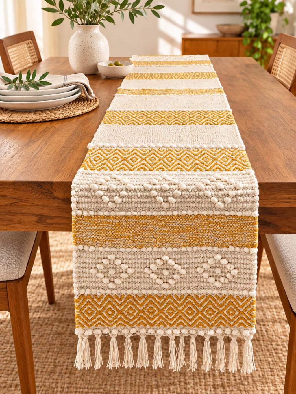 Bohohome Premium Handwoven Cotton Table Runner for 4 to 6 Seater | 14*72 inch Textured Beige Knots (Mustard)
