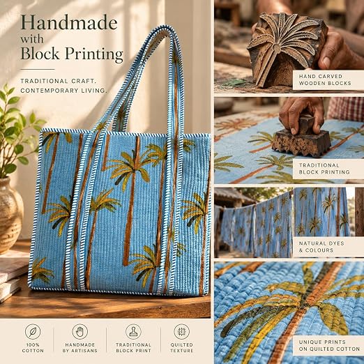 BohoHome Premium Quilted Cotton Tote Bag – Large Capacity Handmade Exotic Tropical Prints Foldable and Ideal for Travel Shopping Beach Trips or Daily Essentials