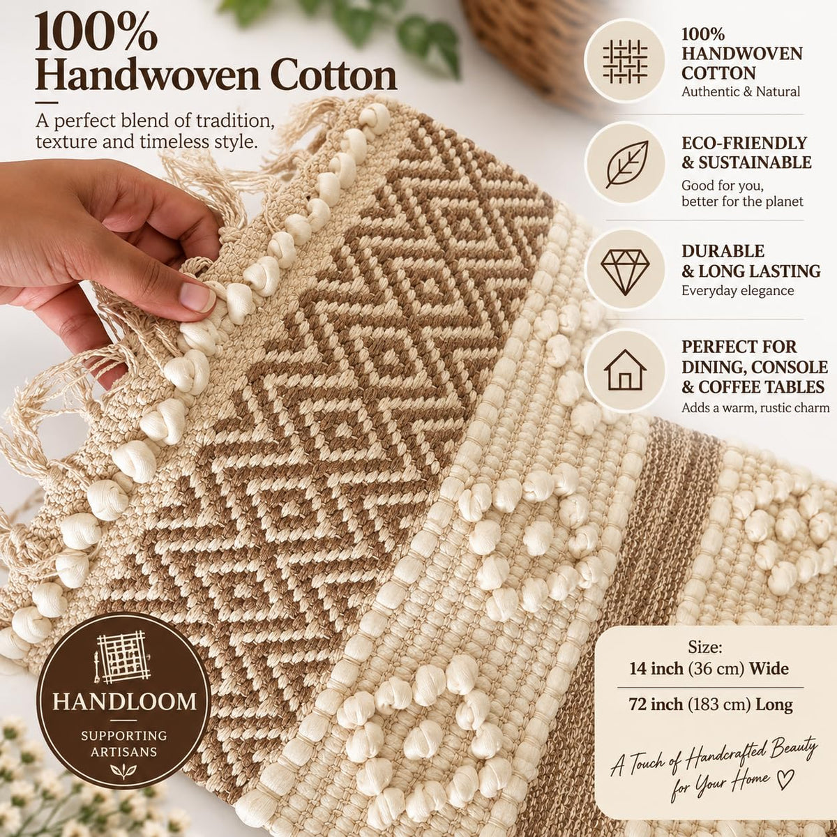 Bohohome Premium Handwoven Cotton Table Runner for 4 to 6 Seater | 14*72 inch Textured Beige Knots (Beige)