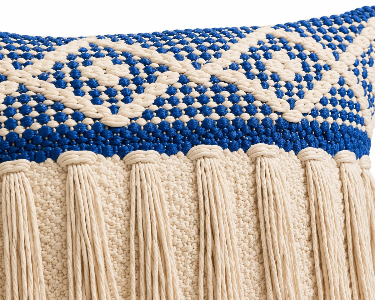 BohoHome 100% Cotton Handwoven Cushion Cover | Decorative Throw Pillow Cover | Boho Sofa Cushion Cover for Living Room & Bedroom | Hidden Zipper | 16x16 Inch | Blue Fringe