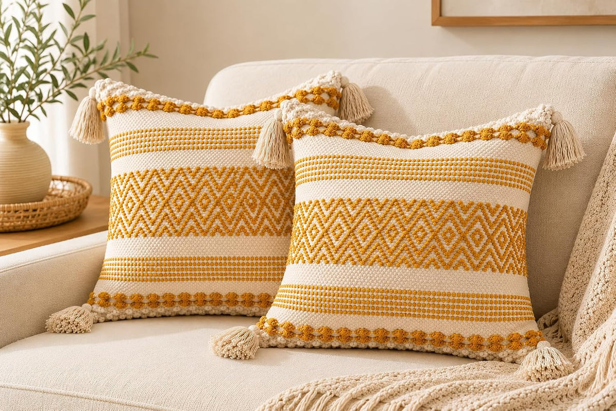BohoHome 100% Cotton Handwoven Cushion Cover | Decorative Throw Pillow Cover | Boho Sofa Cushion Cover for Living Room & Bedroom | Hidden Zipper | 16x16 Inch | Mustard 1 piece