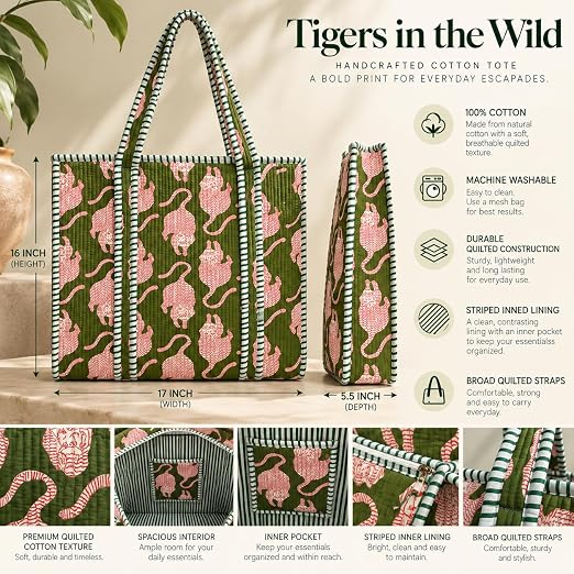 BohoHome Premium Quilted Cotton Tote Bag – Large Capacity Handmade Exotic Tropical Prints Foldable and Ideal for Travel Shopping Beach Trips or Daily Essentials