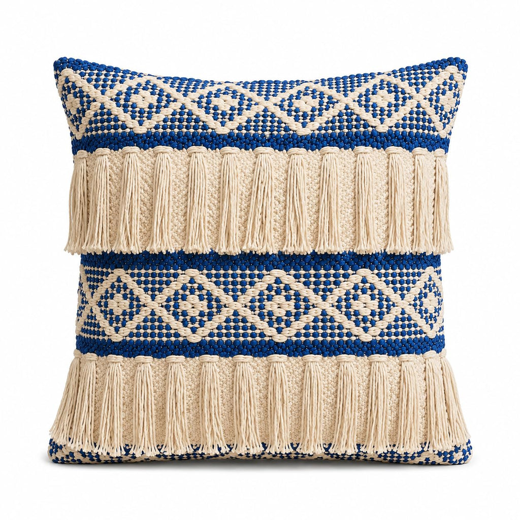 BohoHome 100% Cotton Handwoven Cushion Cover | Decorative Throw Pillow Cover | Boho Sofa Cushion Cover for Living Room & Bedroom | Hidden Zipper | 16x16 Inch | Blue Fringe
