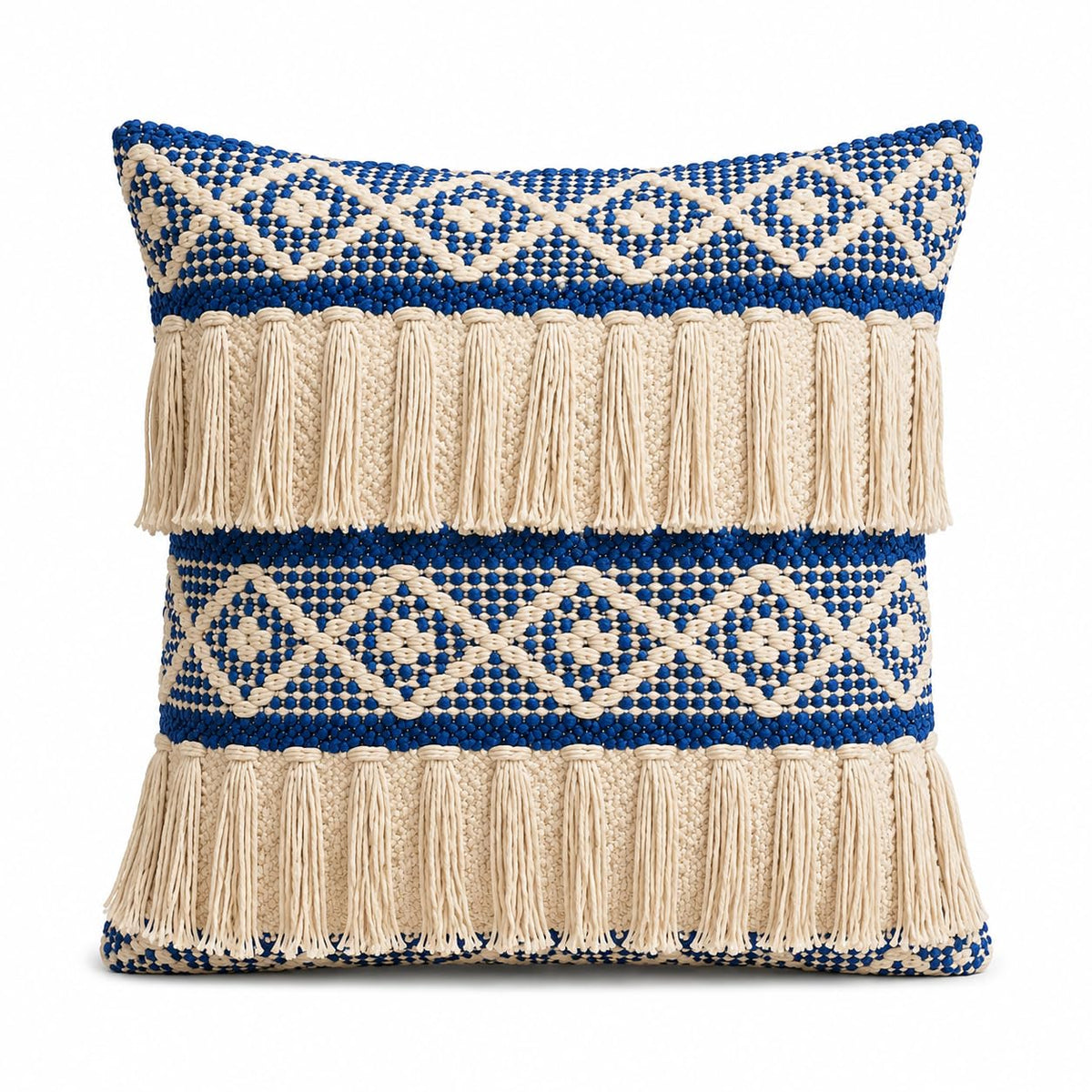 BohoHome 100% Cotton Handwoven Cushion Cover | Decorative Throw Pillow Cover | Boho Sofa Cushion Cover for Living Room & Bedroom | Hidden Zipper | 16x16 Inch | Blue Fringe