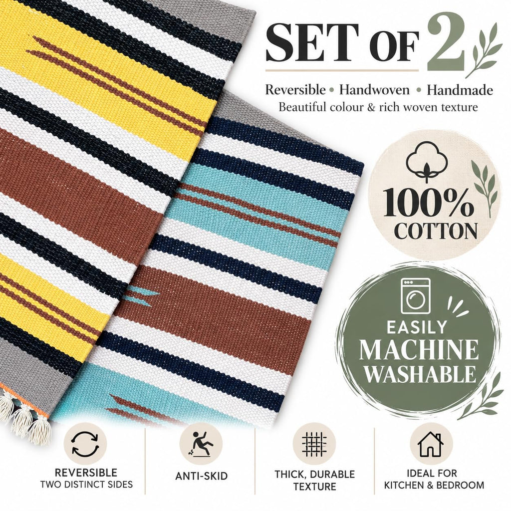 Bohohome - Anti Slip Rectangular Door Mat, Pure Cotton, 40X60 Cm, Water Absorbing, Machine Washable Floor Mats, Best Use in Bathroom, Kitchen, Bedroom Etc. Multicolor. Pack of 2
