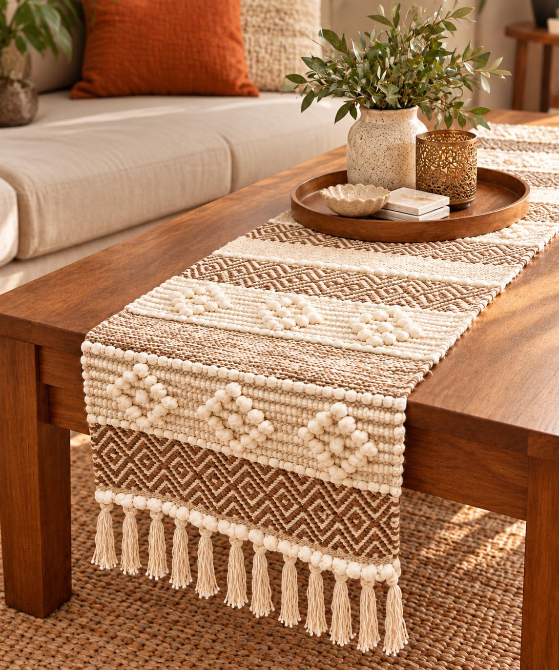 Bohohome Premium Handwoven Cotton Table Runner for 4 to 6 Seater | 14*72 inch Textured Beige Knots (Beige)