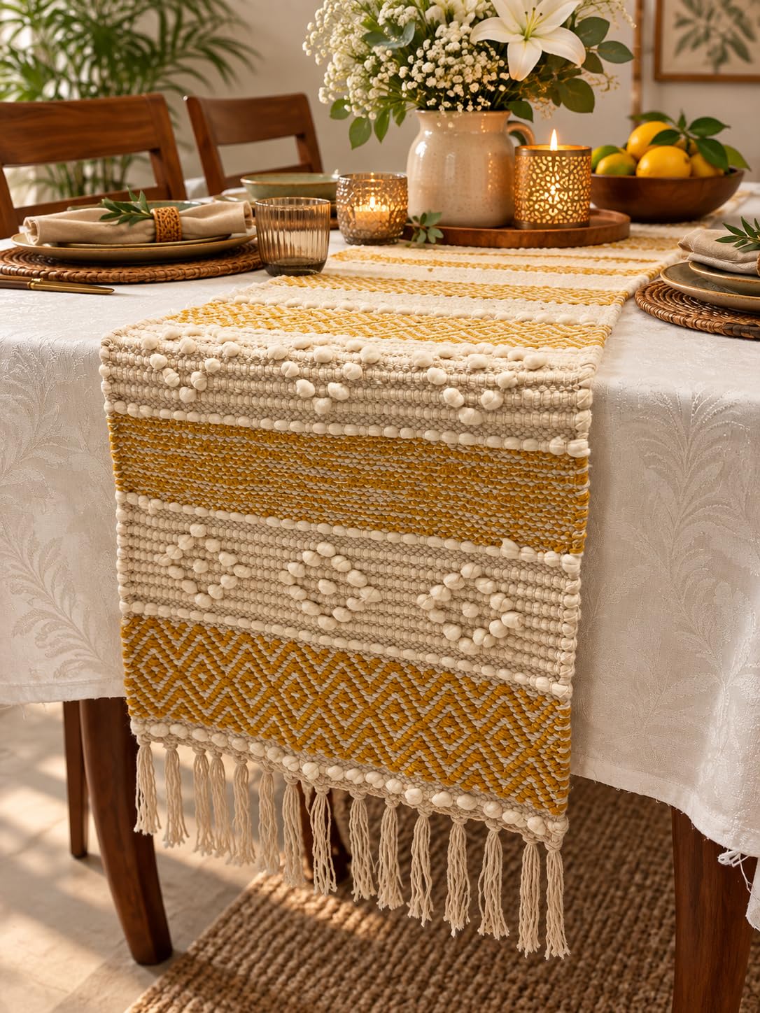 Bohohome Premium Handwoven Cotton Table Runner for 4 to 6 Seater | 14*72 inch Textured Beige Knots (Mustard)
