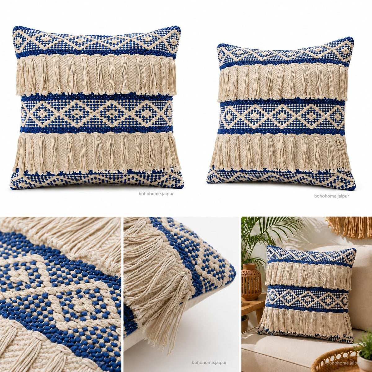 BohoHome 100% Cotton Handwoven Cushion Cover | Decorative Throw Pillow Cover | Boho Sofa Cushion Cover for Living Room & Bedroom | Hidden Zipper | 16x16 Inch | Blue Fringe