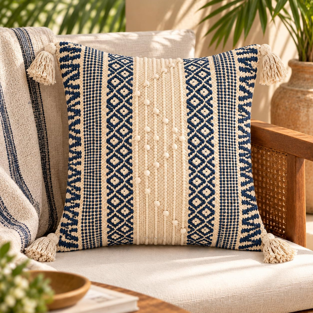 BohoHome 100% Cotton Handwoven Cushion Cover | Decorative Throw Pillow Cover | Boho Sofa Cushion Cover for Living Room & Bedroom | Hidden Zipper | 16x16 Inch | Blue (1 piece)