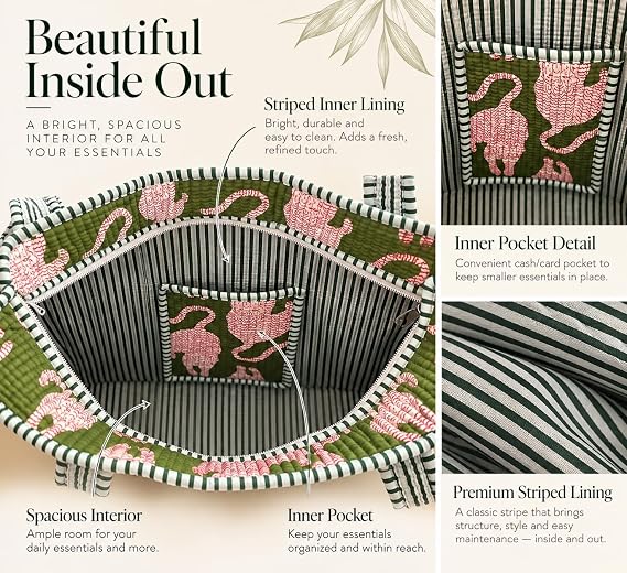 BohoHome Premium Quilted Cotton Tote Bag – Large Capacity Handmade Exotic Tropical Prints Foldable and Ideal for Travel Shopping Beach Trips or Daily Essentials