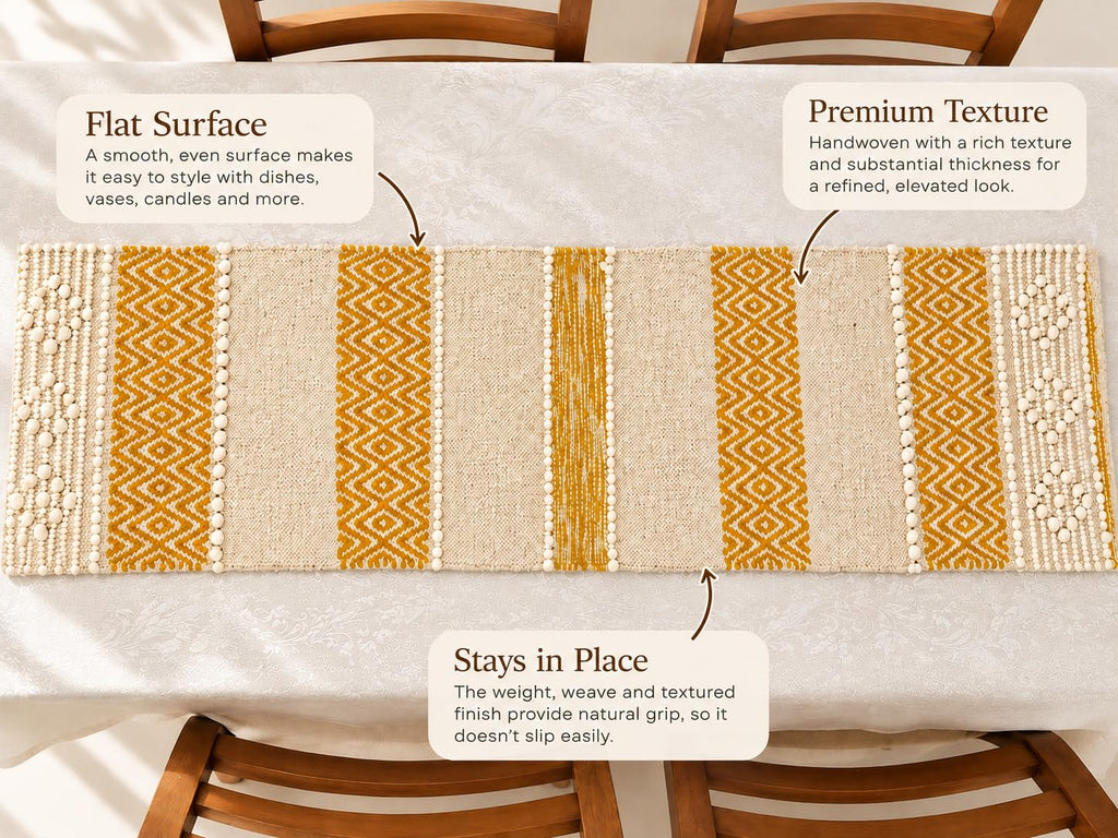 Bohohome Premium Handwoven Cotton Table Runner for 4 to 6 Seater | 14*72 inch Textured Beige Knots (Mustard)