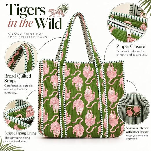 BohoHome Premium Quilted Cotton Tote Bag – Large Capacity Handmade Exotic Tropical Prints Foldable and Ideal for Travel Shopping Beach Trips or Daily Essentials