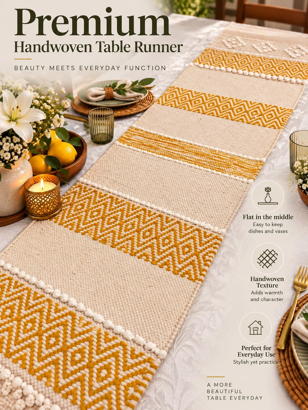 Bohohome Premium Handwoven Cotton Table Runner for 4 to 6 Seater | 14*72 inch Textured Beige Knots (Mustard)