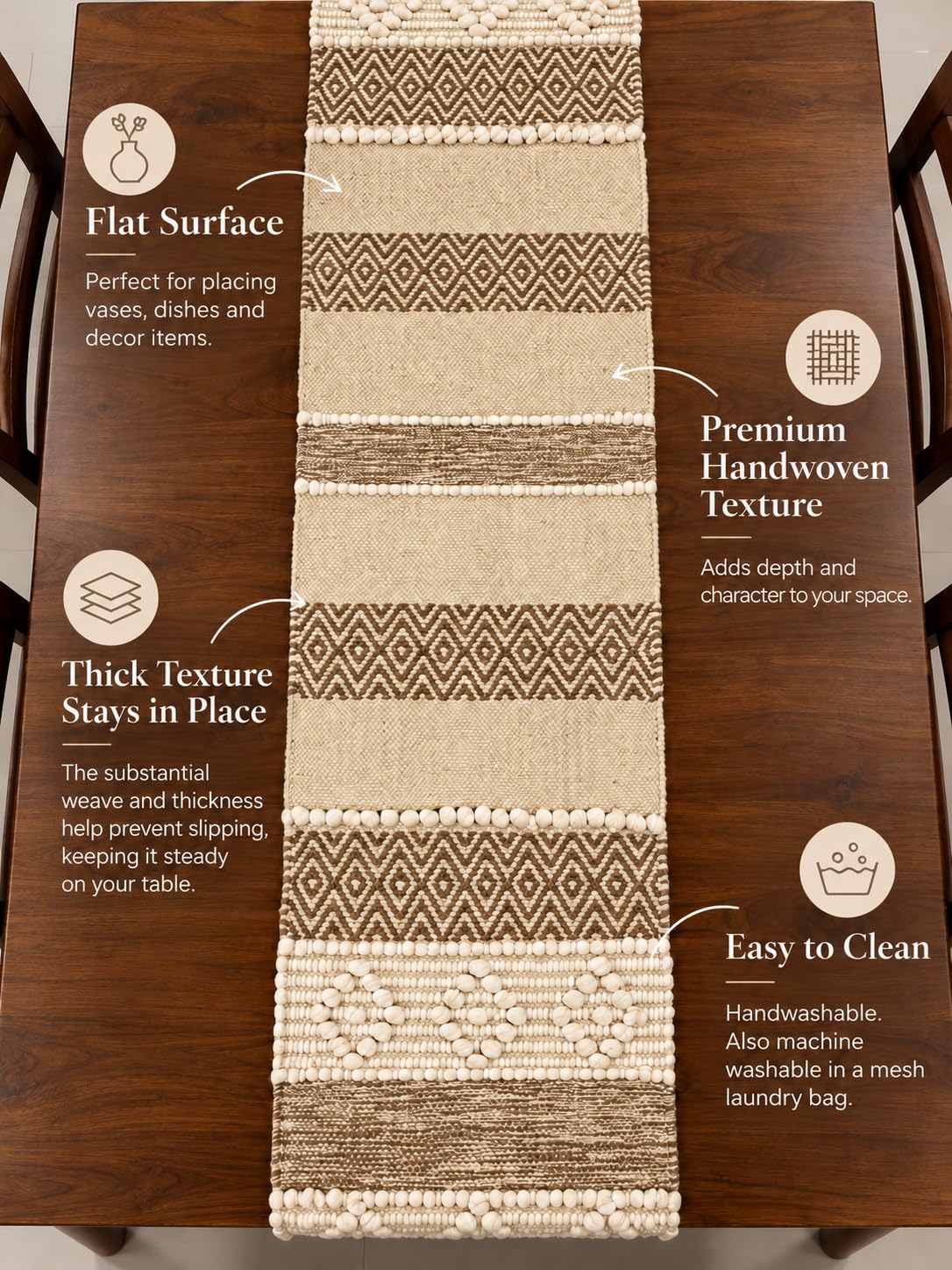 Bohohome Premium Handwoven Cotton Table Runner for 4 to 6 Seater | 14*72 inch Textured Beige Knots (Beige)