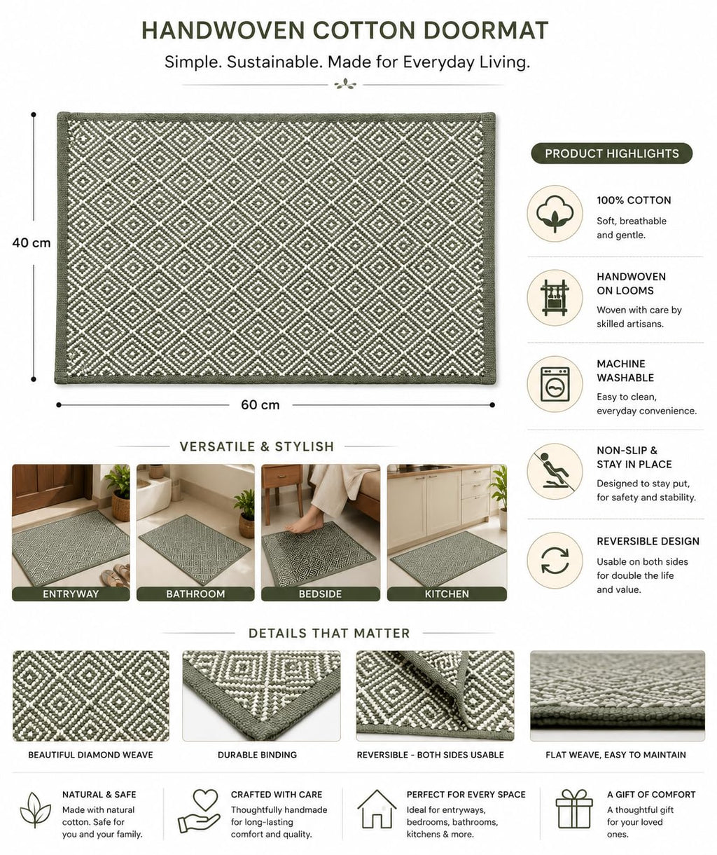Boho Home Cotton Woven Rectangular Multipurpose Rug | Durable & Washable Multipurpose Rugs Set for Home/Kitchen/Living Area/Lobby, Pack of 2 (Green, 40X60 CM)