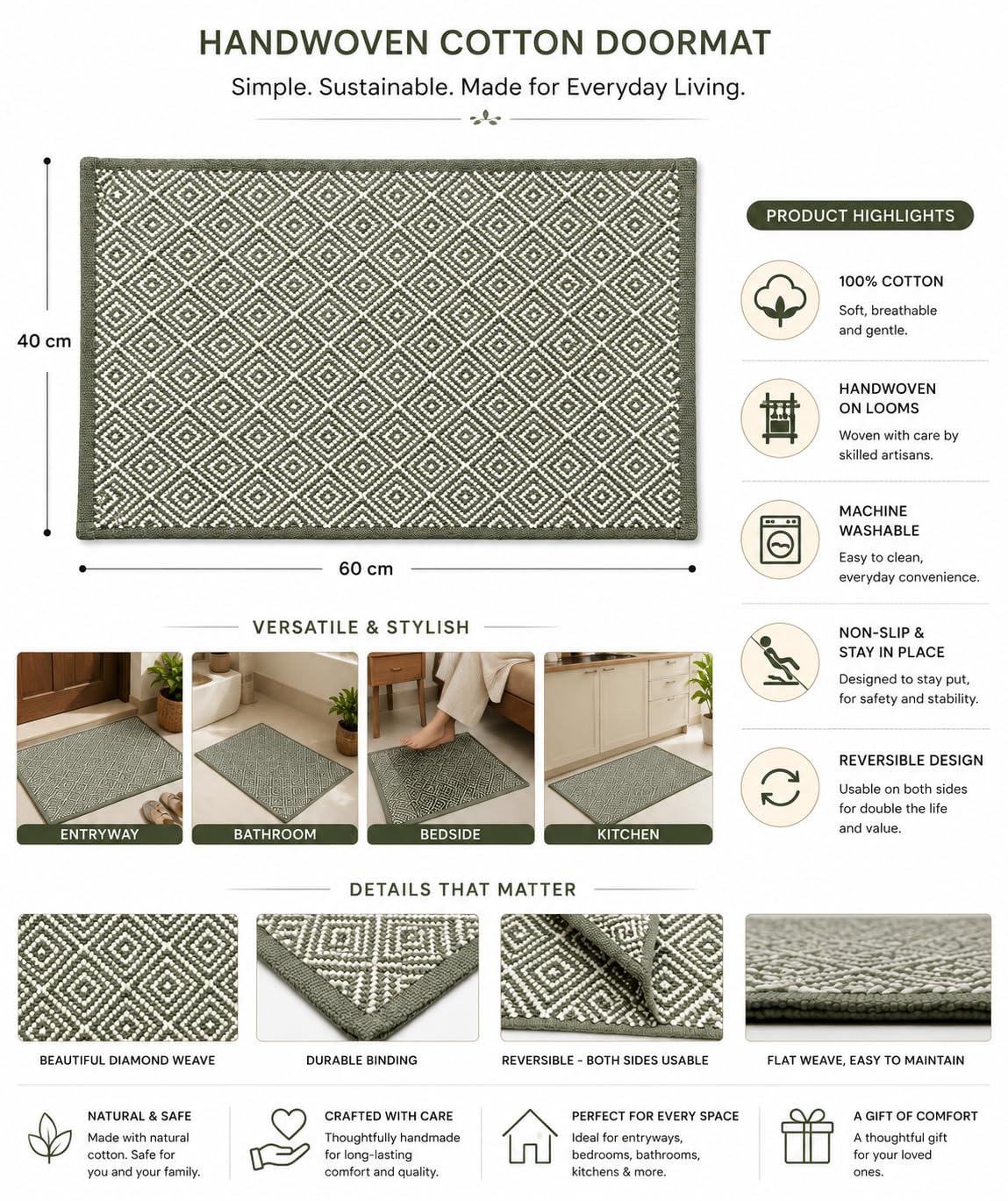 Boho Home Cotton Woven Rectangular Multipurpose Rug | Durable & Washable Multipurpose Rugs Set for Home/Kitchen/Living Area/Lobby, Pack of 2 (Green, 40X60 CM)