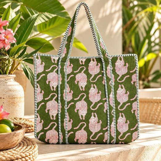 BohoHome Premium Quilted Cotton Tote Bag – Large Capacity Handmade Exotic Tropical Prints Foldable and Ideal for Travel Shopping Beach Trips or Daily Essentials