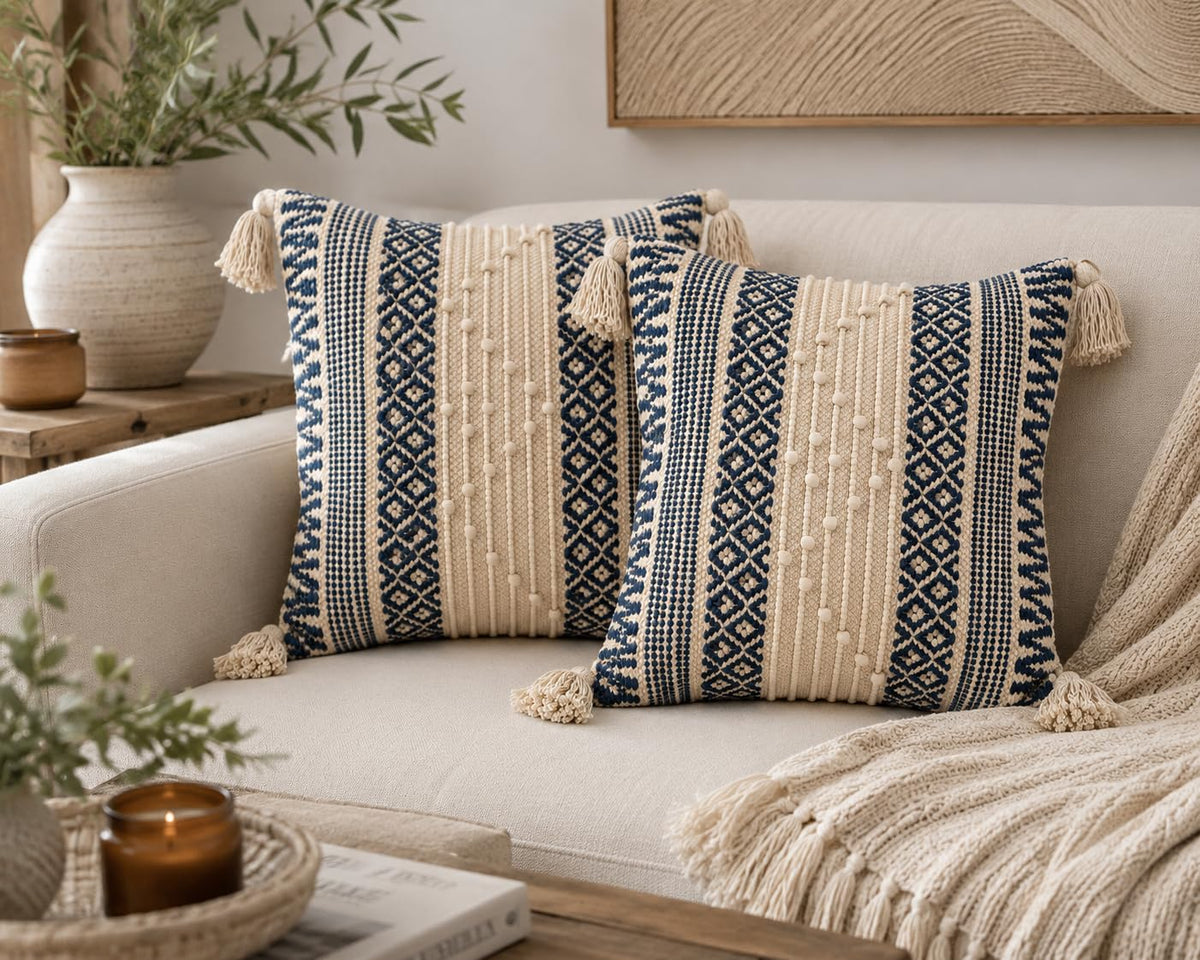 BohoHome 100% Cotton Handwoven Cushion Cover | Decorative Throw Pillow Cover | Boho Sofa Cushion Cover for Living Room & Bedroom | Hidden Zipper | 16x16 Inch | Blue (1 piece)
